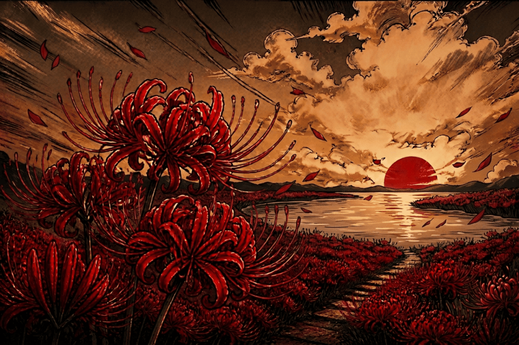 Red spider lilies, torii gate, sunset, and Japanese text reading 彼岸花, 日風, and あの世とこの世の境に咲く花—